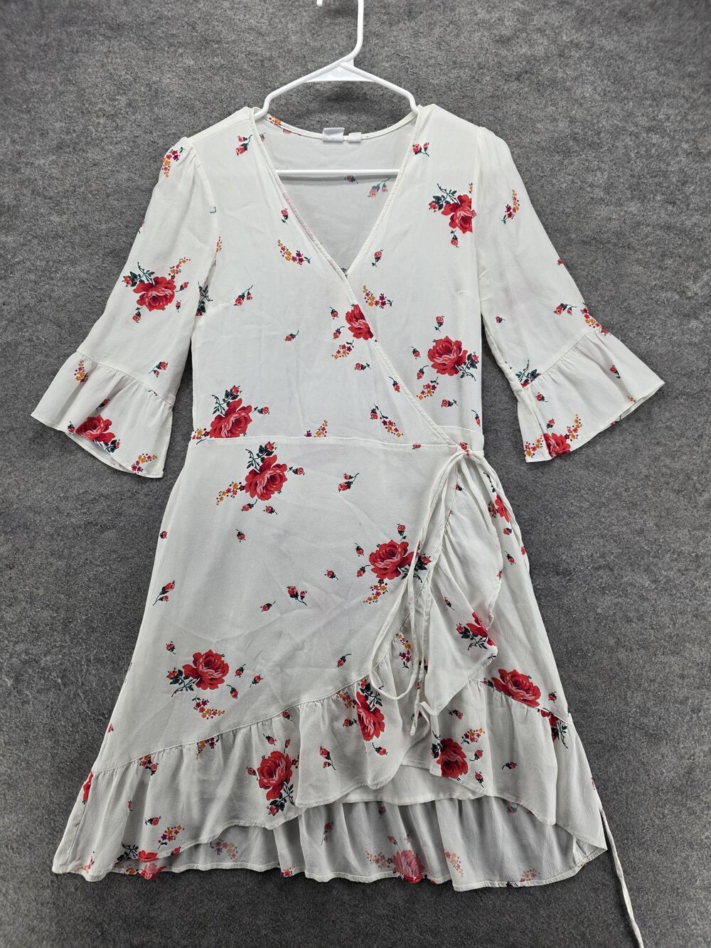 GAP Dress Womens XS White Wrap Dress Hi-Low V-Neck Bell Sleeve Lined Floral